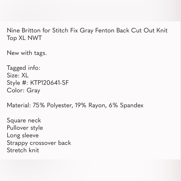 NWT Nine Britton for Stitch Fix Gray Fenton Back Cut Out Knit Top XL - Picture 7 of 7
